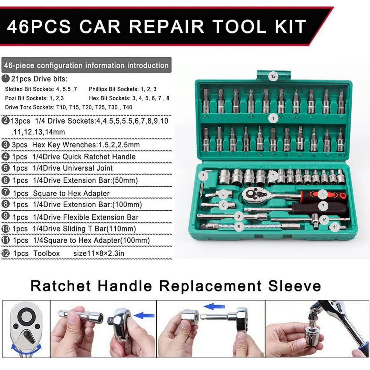 46pc Drive Socket Set 1/4 inch Ratchet Wrench Set